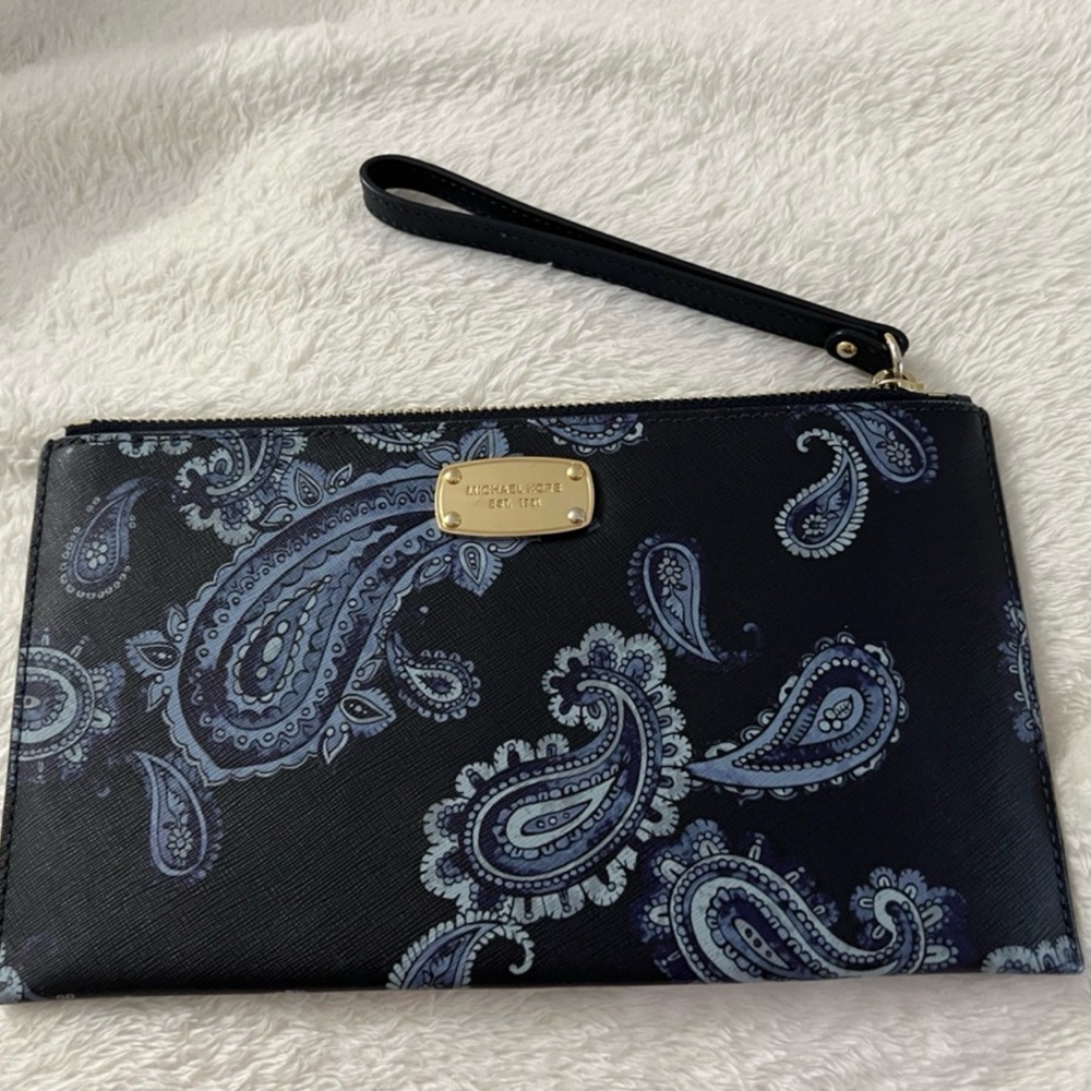 Michael Kors Black Blue Paisley Wristlet